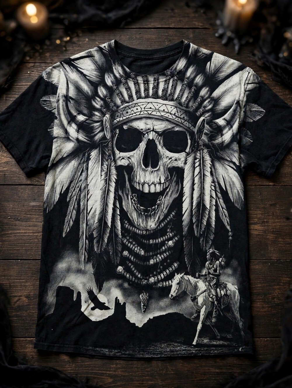 Thrashed Native Skull T-Shirt Men's L Goth Chief Skull Graphic Black Tee
